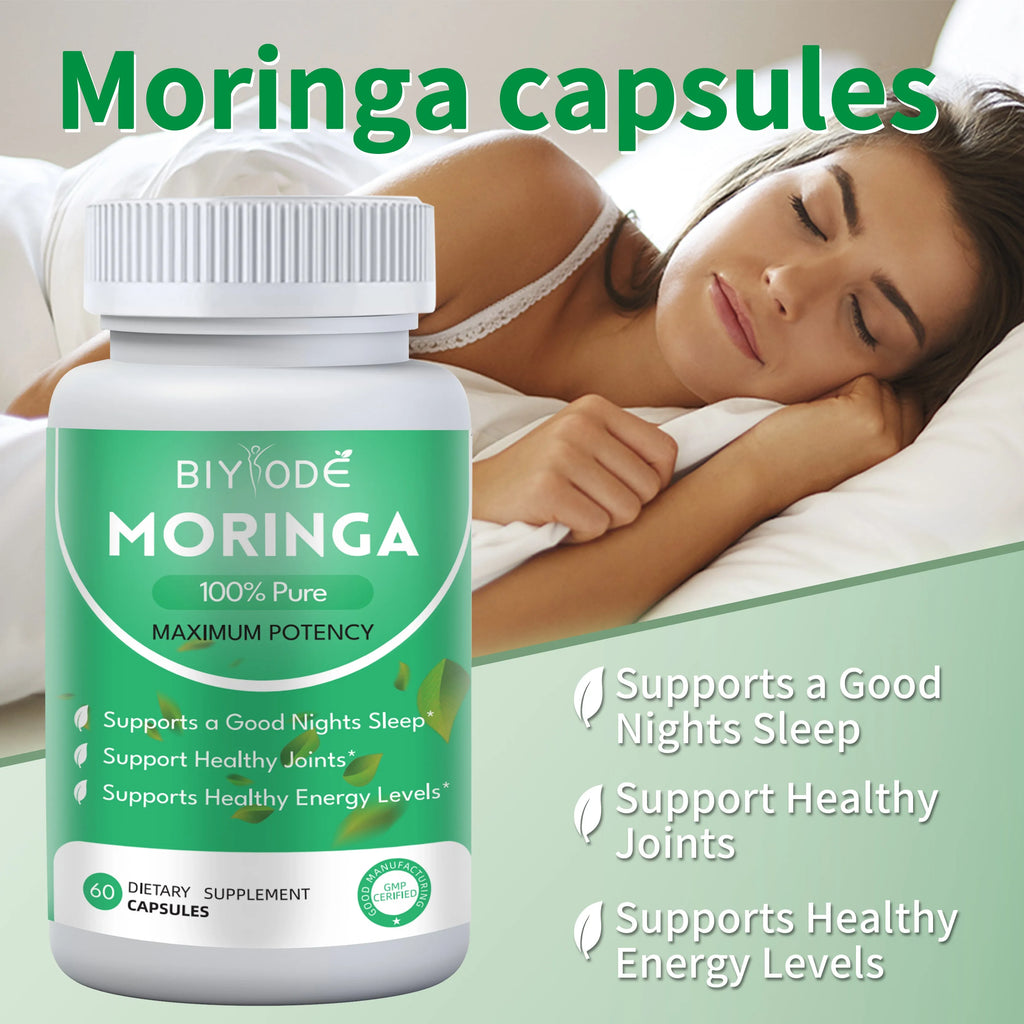 Bottle of 60 moringa extract herbal supplement capsules for immune support