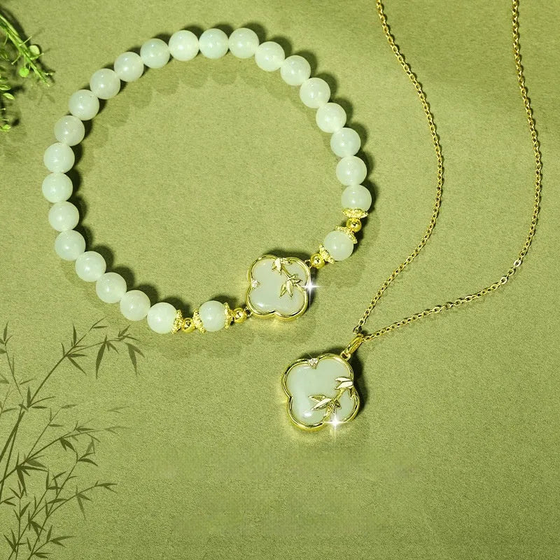 Hetian jade bracelet and necklace set with bamboo newspaper design and carved leaf shapes