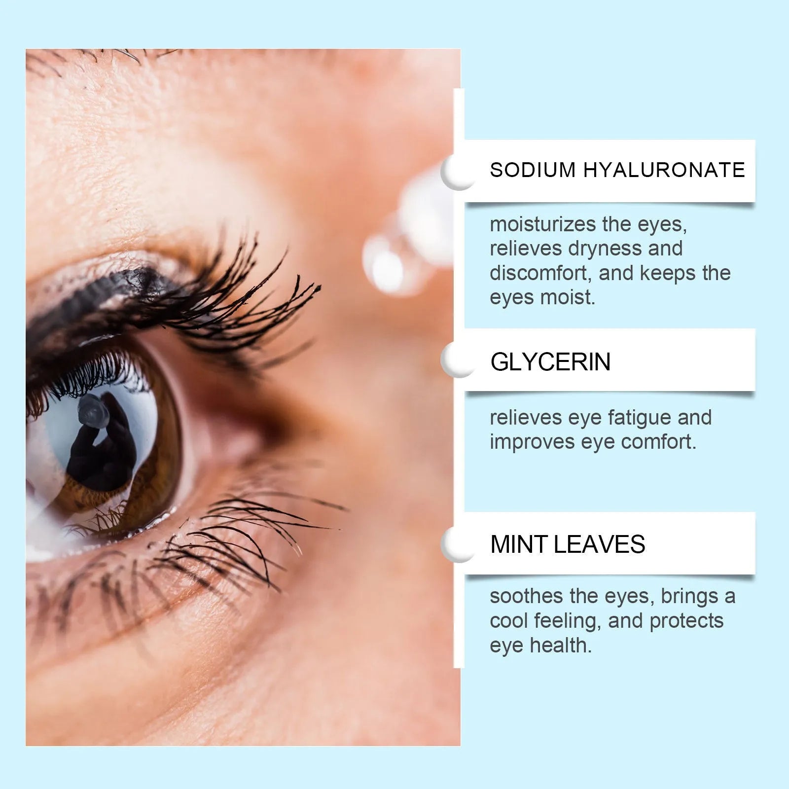Bottle of moisturising eye drops with mint leaf and sodium hyaluronate