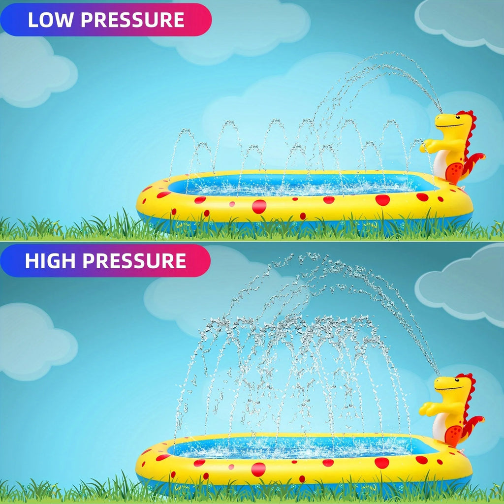 Blue dinosaur-shaped inflatable water spray pool with four spray holes in a garden setting