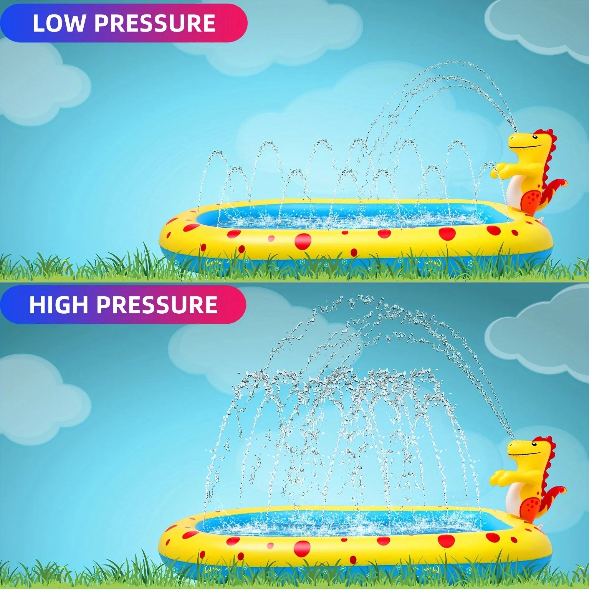Blue dinosaur-shaped inflatable water spray pool with four spray holes in a garden setting