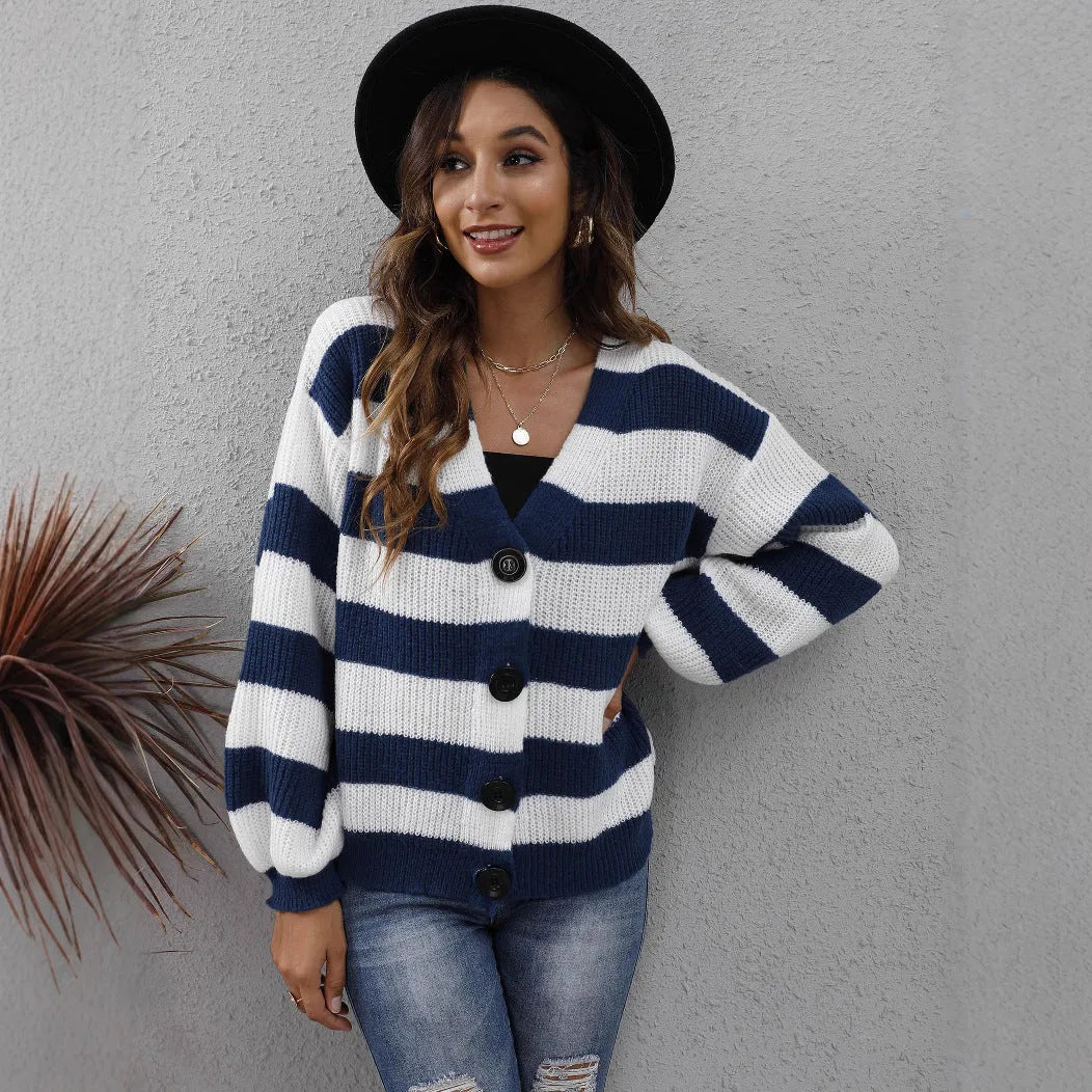 Women's striped button-front cardigan in Deer plush fabric shown in a dark green colour.