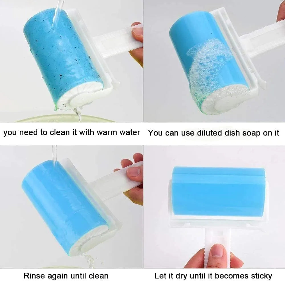 Set of four coloured washable reusable lint rollers with covers for removing pet hair.