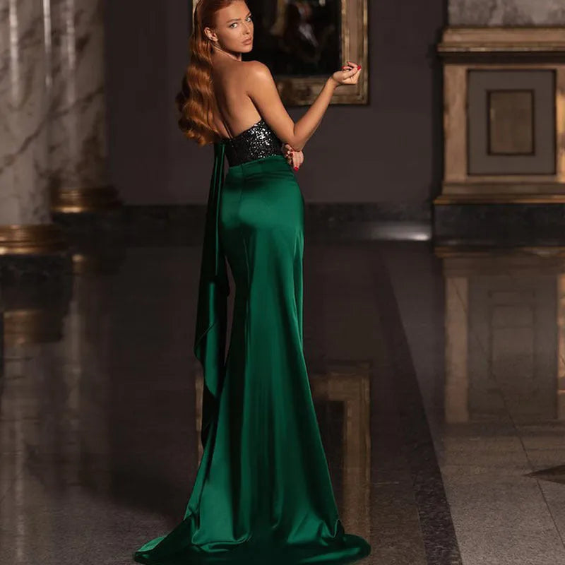 Women's low-cut split mop sequins slimming long dress in green solid colour polyester sleeveless