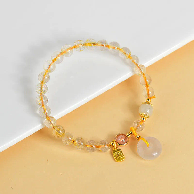 Gold rutilated quartz bracelet with geometric peace buckle and blessing card pendant in national style