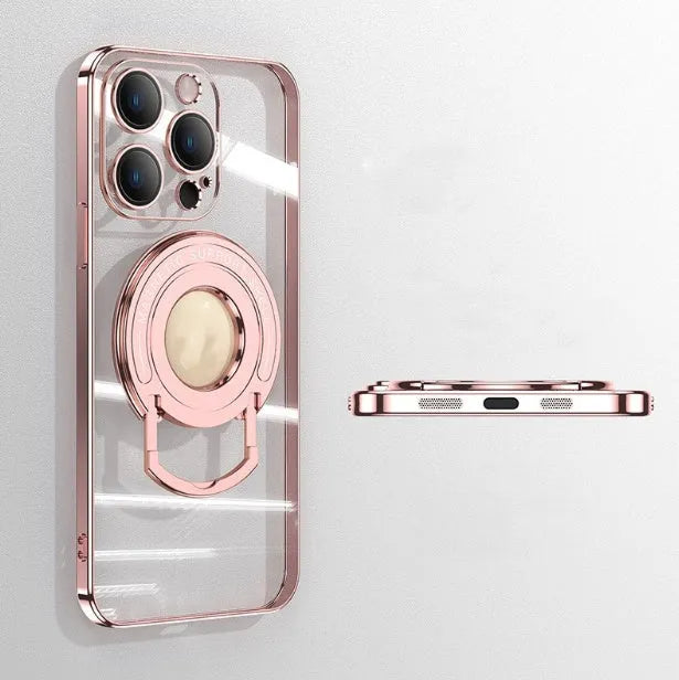 Transparent magnetic iPhone case with a silver pull-out bracket extended, showing dark purple iPhone inside.