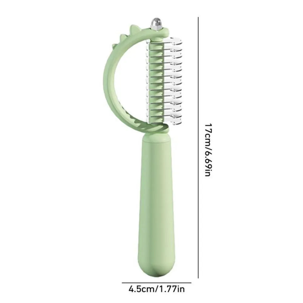 Dinosaur shaped double-sided self-cleaning cat brush with stainless steel pins