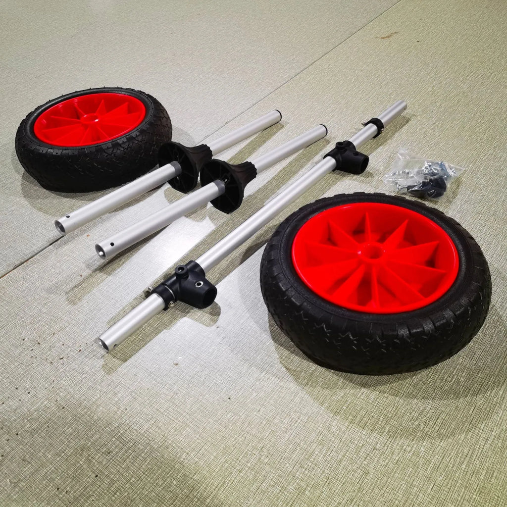 Foldable aluminium kayak beach trailer with upright pole platform and rubber wheels.