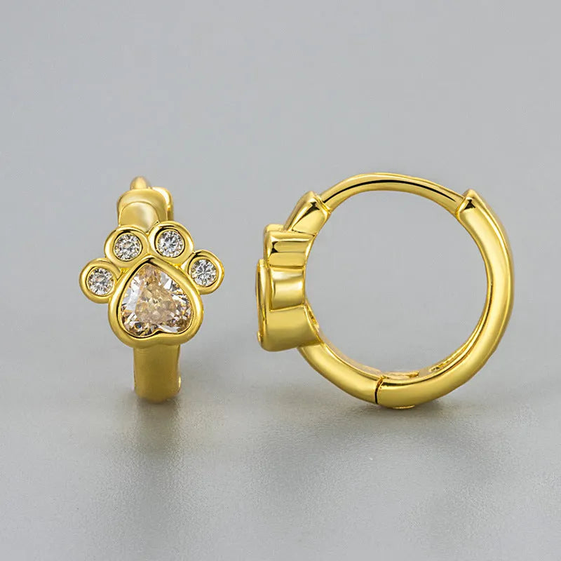 Cat paw zircon ear studs in gold and white gold copper finish