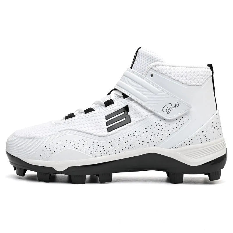 Black and white mid-top sports sneakers with Velcro straps and a textured rubber outsole.