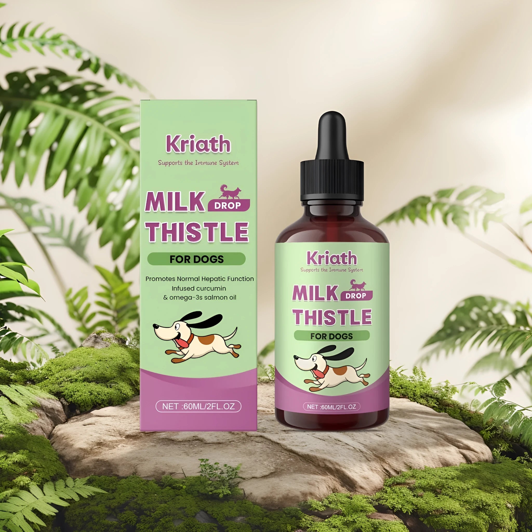 60ml bottle of Dog Milk Thistle Extract Nutrient Solution with turmeric and omega-3.