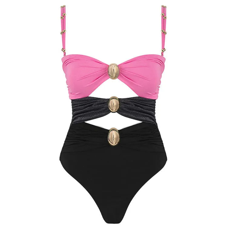 Women's one-piece swimsuit with hollow out stitching and round buckle decoration in nylon fabric