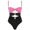 Women's one-piece swimsuit with hollow out stitching and round buckle decoration in nylon fabric