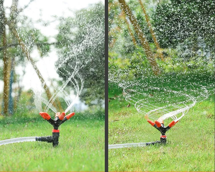 Orange plastic garden insert sprinkler with rotating water spray nozzle, 14x26.5cm