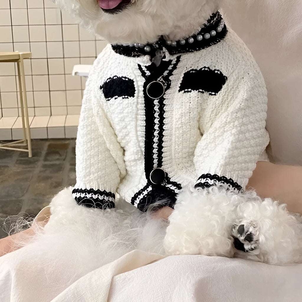 Korean style pearl collar sweater for small dogs in white and black colour options