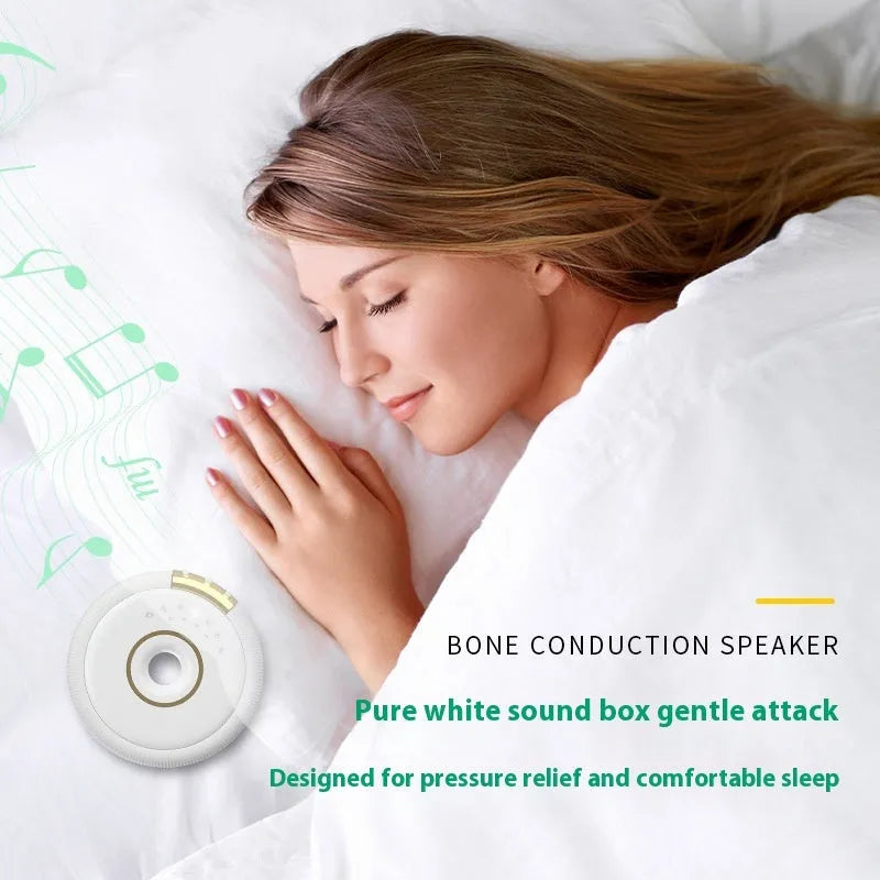 Bone conduction Bluetooth speaker mini in white, 80x80x13mm, with seven white noise tracks and Type-C charging