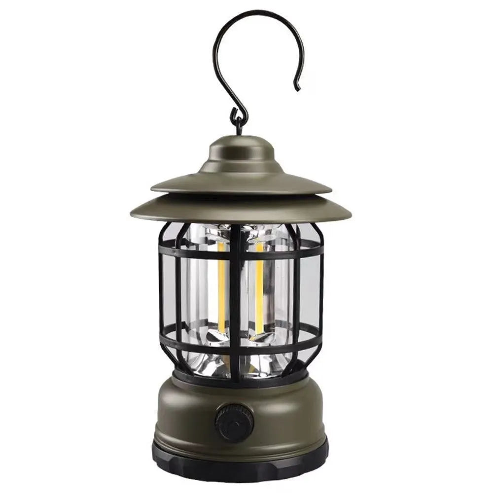 Portable camping head lantern in dark green colour showing compact 16.6cm height dimensions