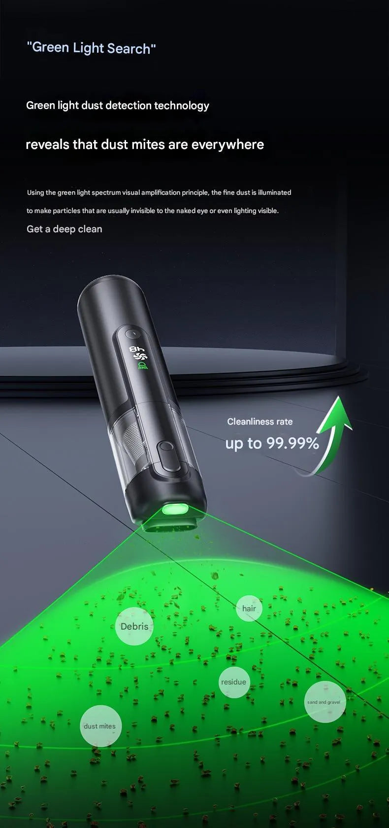 Black handheld car vacuum cleaner with green light dust detection on a car seat