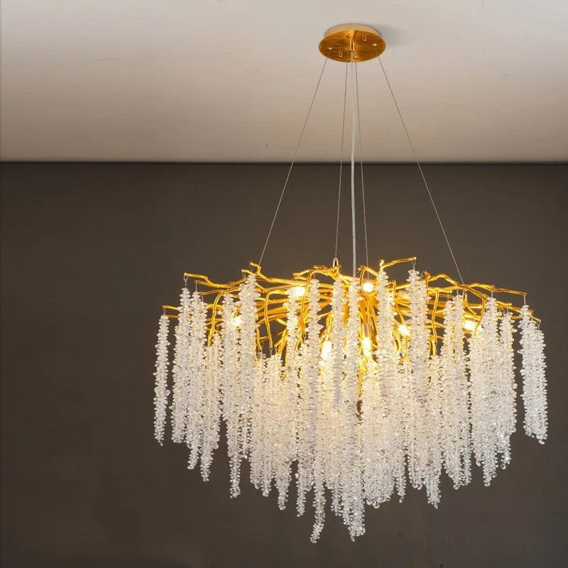 Adjustable height crystal chandelier with aluminium alloy frame in a light luxury style.