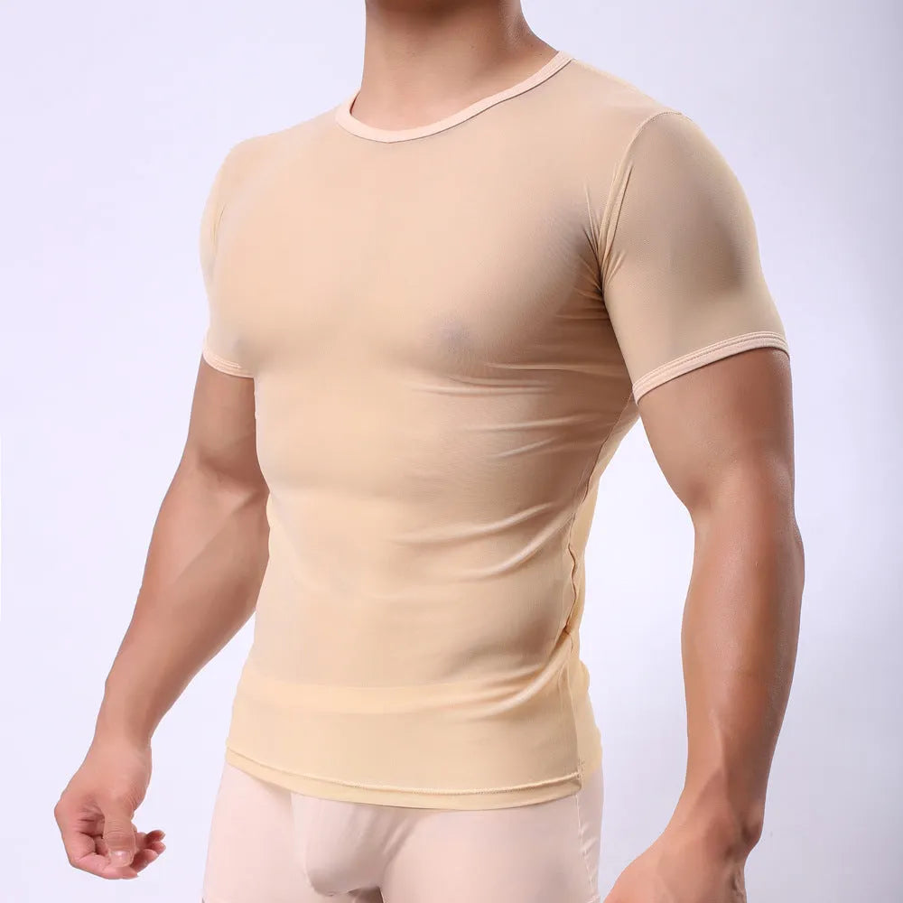 Men's slim fit transparent mesh short-sleeved t-shirt in solid colours on a hanger