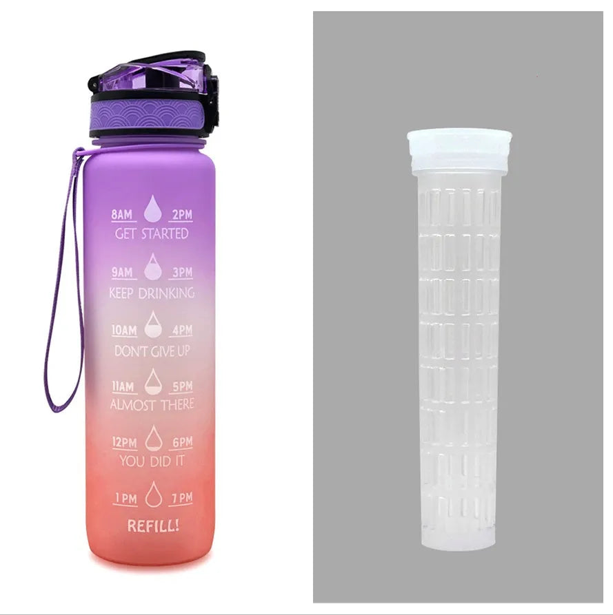 Blue and red gradient 1 litre Tritan sports water bottle with time markers and a black flip-top lid.
