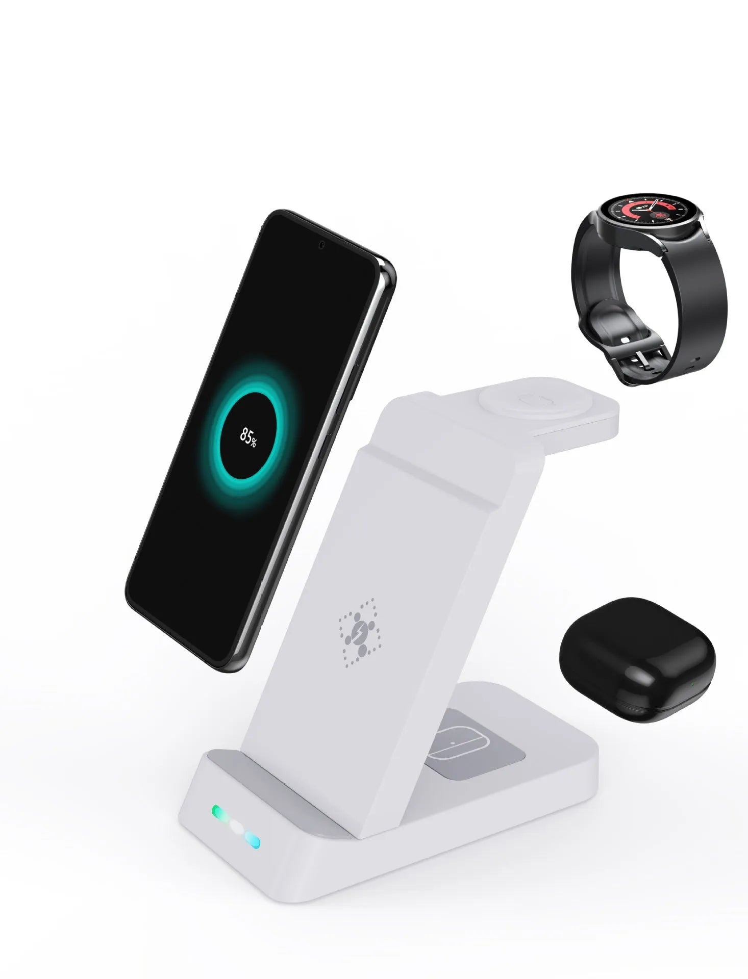 Black or white 3-in-1 wireless charging stand holding a phone, AirPods case, and an Apple Watch.