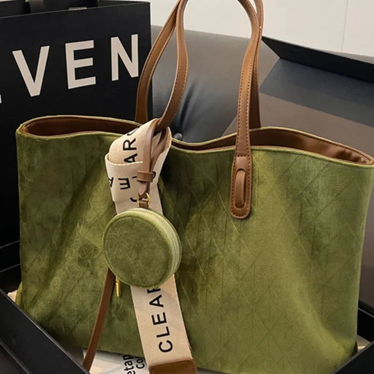 Soft polyester large capacity casual tote shoulder bag in a horizontal square shape with a zip pocket, shown in one of four colours.