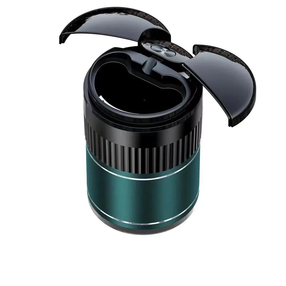 Smart infrared and touch control metal car ashtray with lid in black, measuring 113mm.