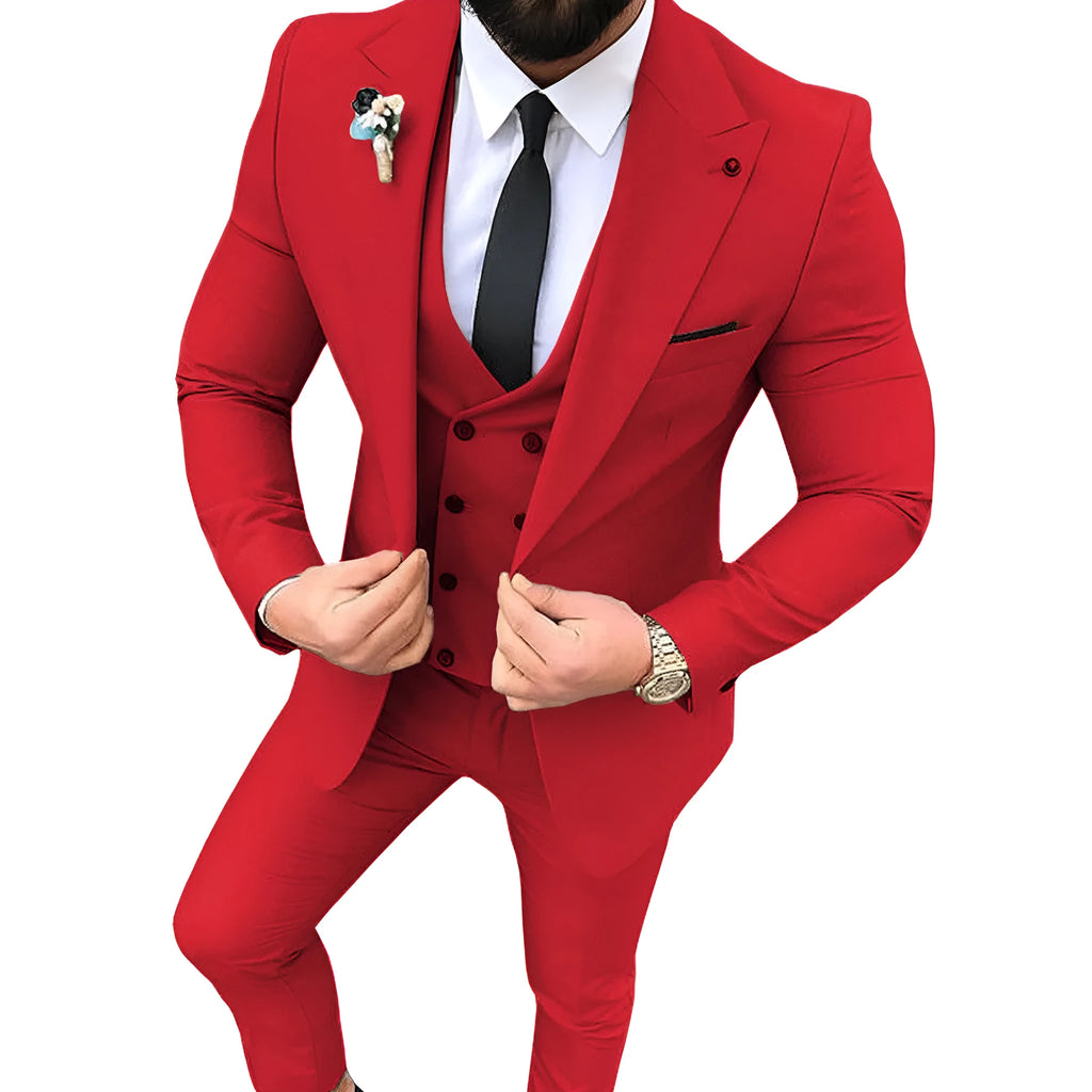 Men's slim fit three-piece suit set in cotton, jacket vest and trousers, available in various colours and sizes XS to 5XL.
