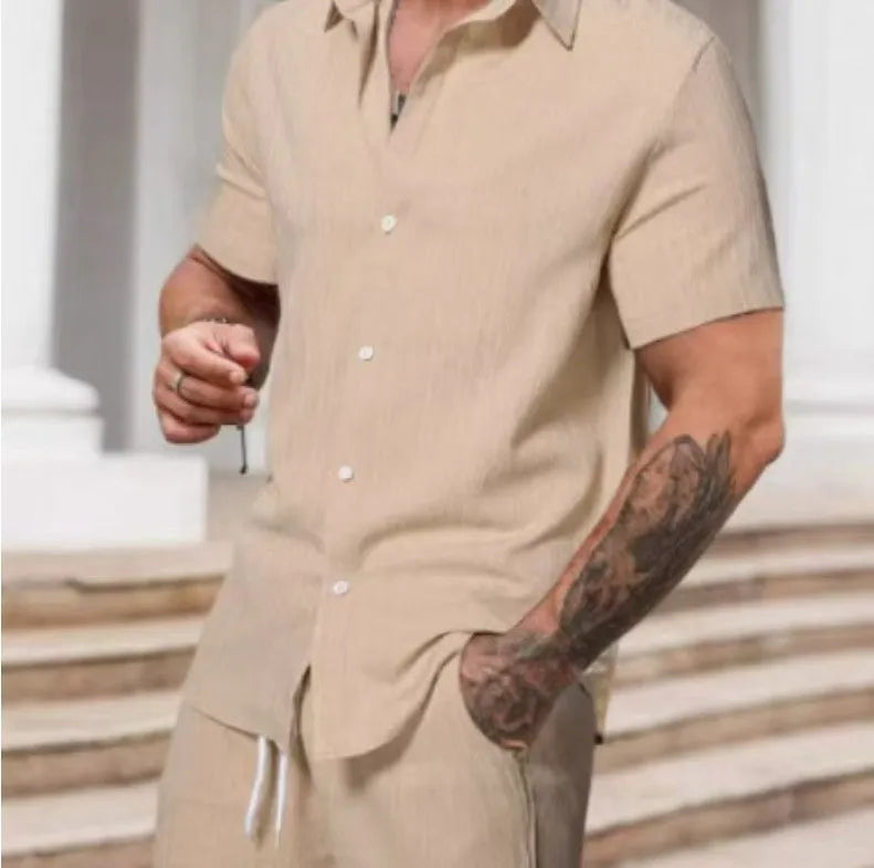 Men's polyester casual suit set with short sleeve shirt and matching shorts in street style