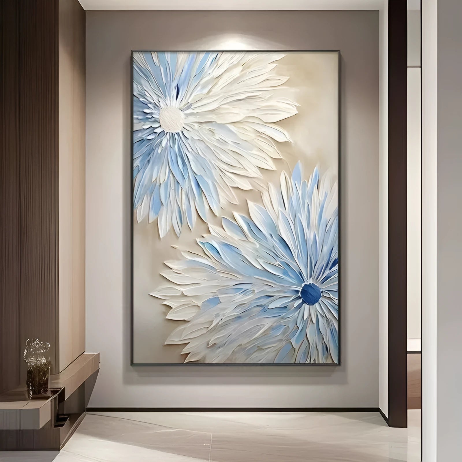 Hand painted abstract blue white flower oil painting on canvas modern textured wall art for bedroom