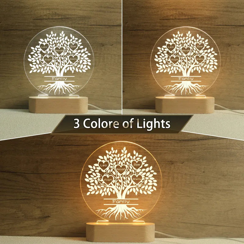 Personalised family tree name UV printing USB night light 16x19 cm seven colour mode