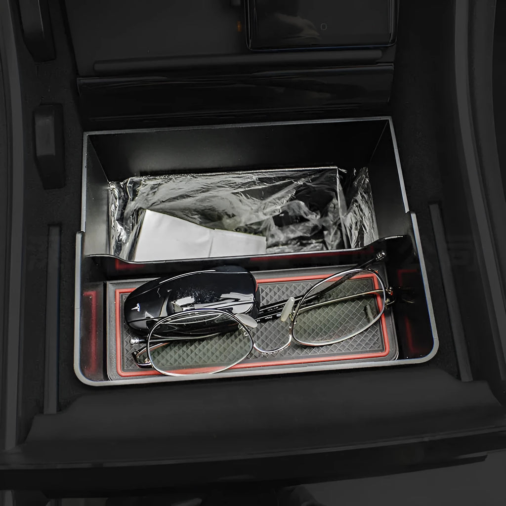 Tesla Model 3Y double-layer car trash can storage box black with red edge non-slip mat