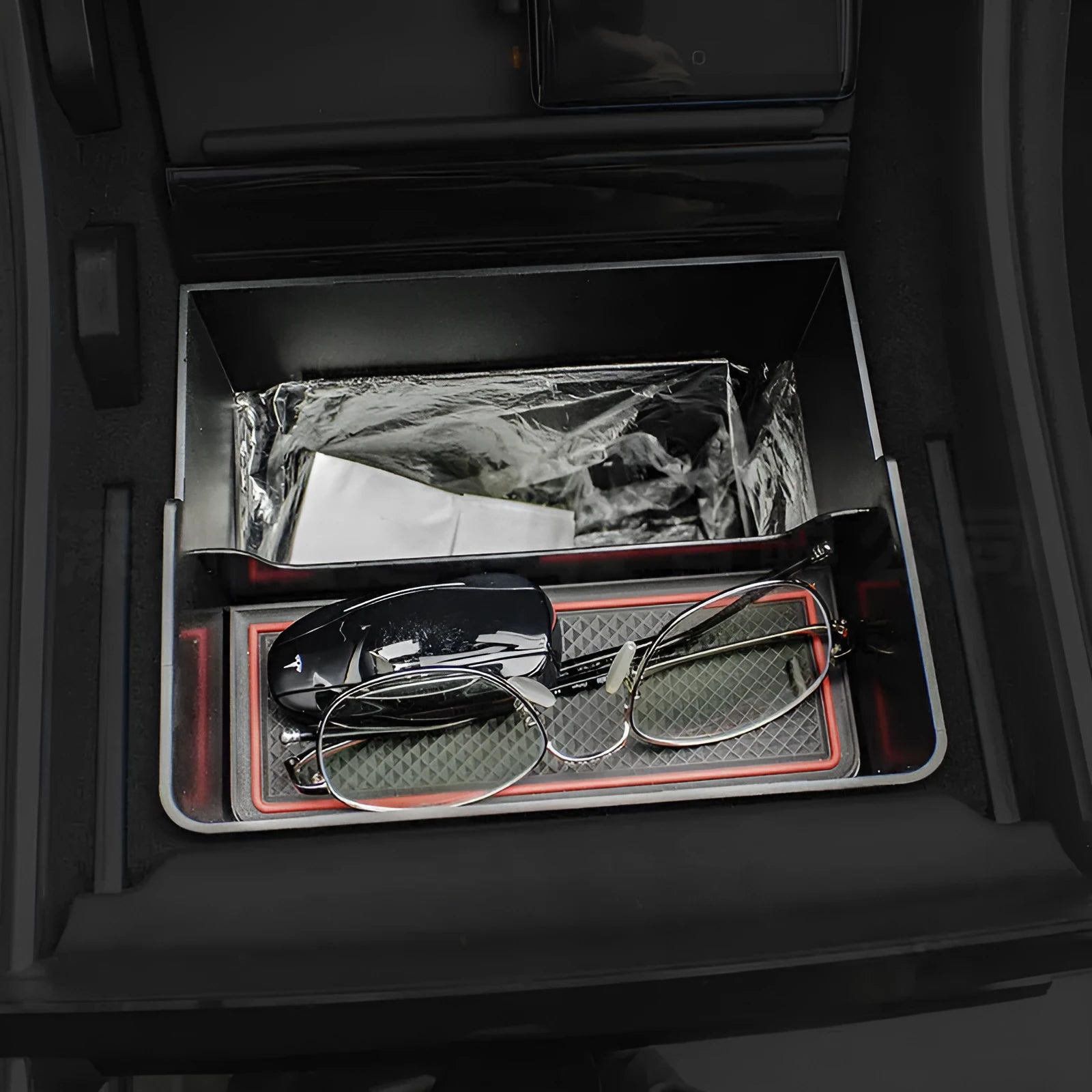 Tesla Model 3Y double-layer car trash can storage box black with red edge non-slip mat