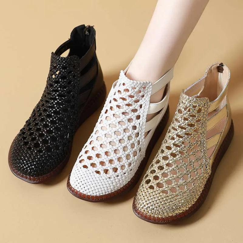 Gold and white women's flat sandals with openwork PU leather uppers and soft soles
