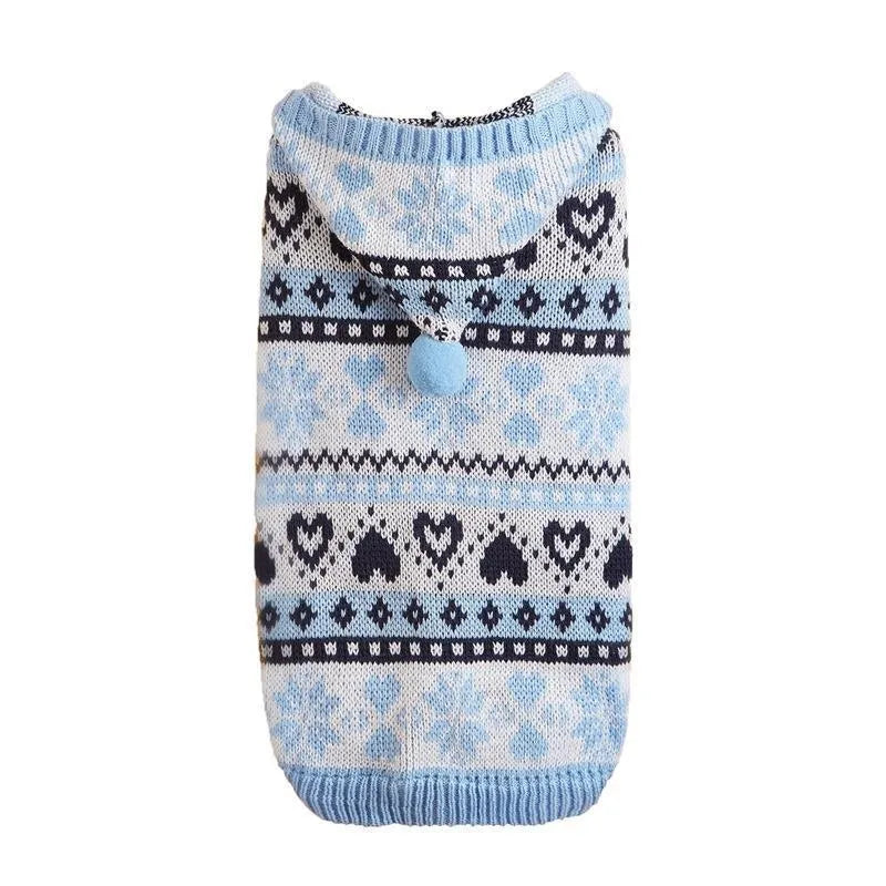 Pink knitted dog sweater with striped camouflage, snowflake, and love pattern on a small dog model.