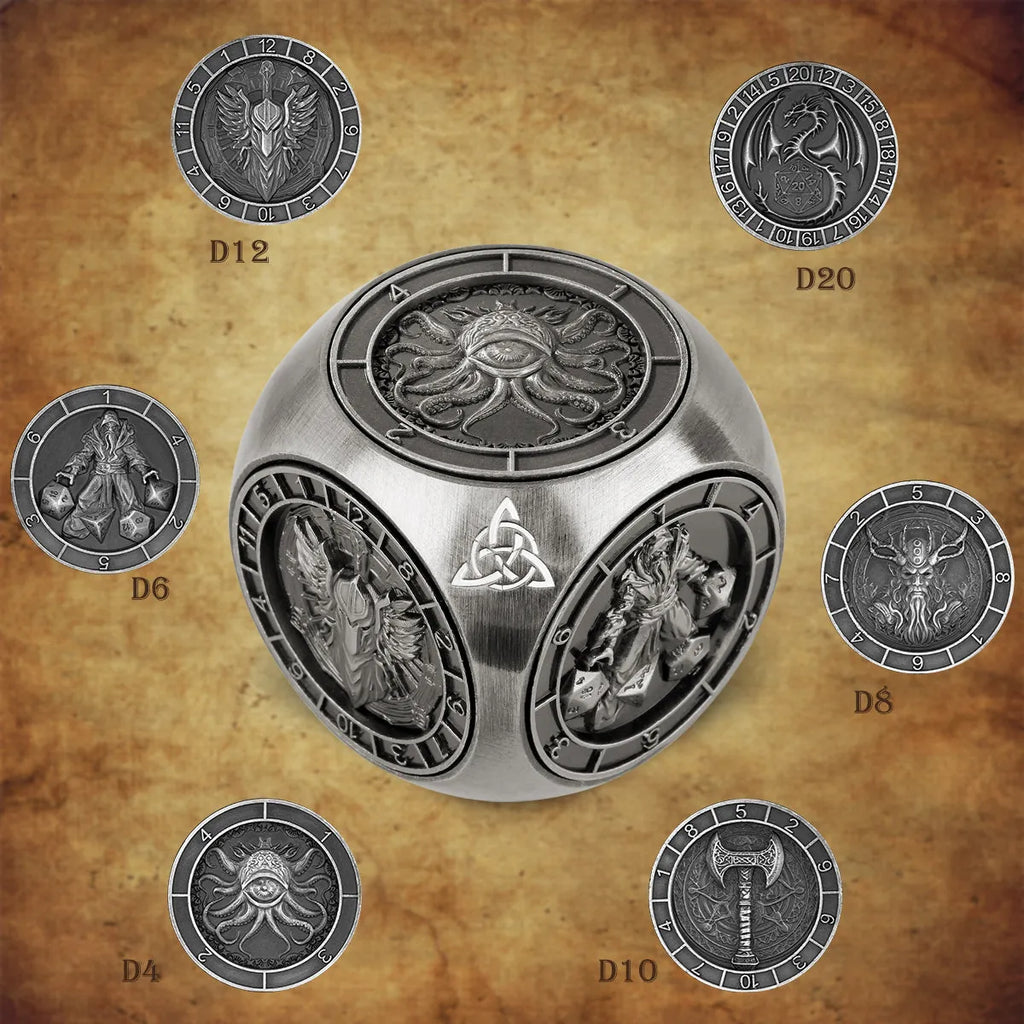 6-pack retro metal dice wheel gift box set in bronze, dark silver, and black zinc alloy with compact 3.5 cm size