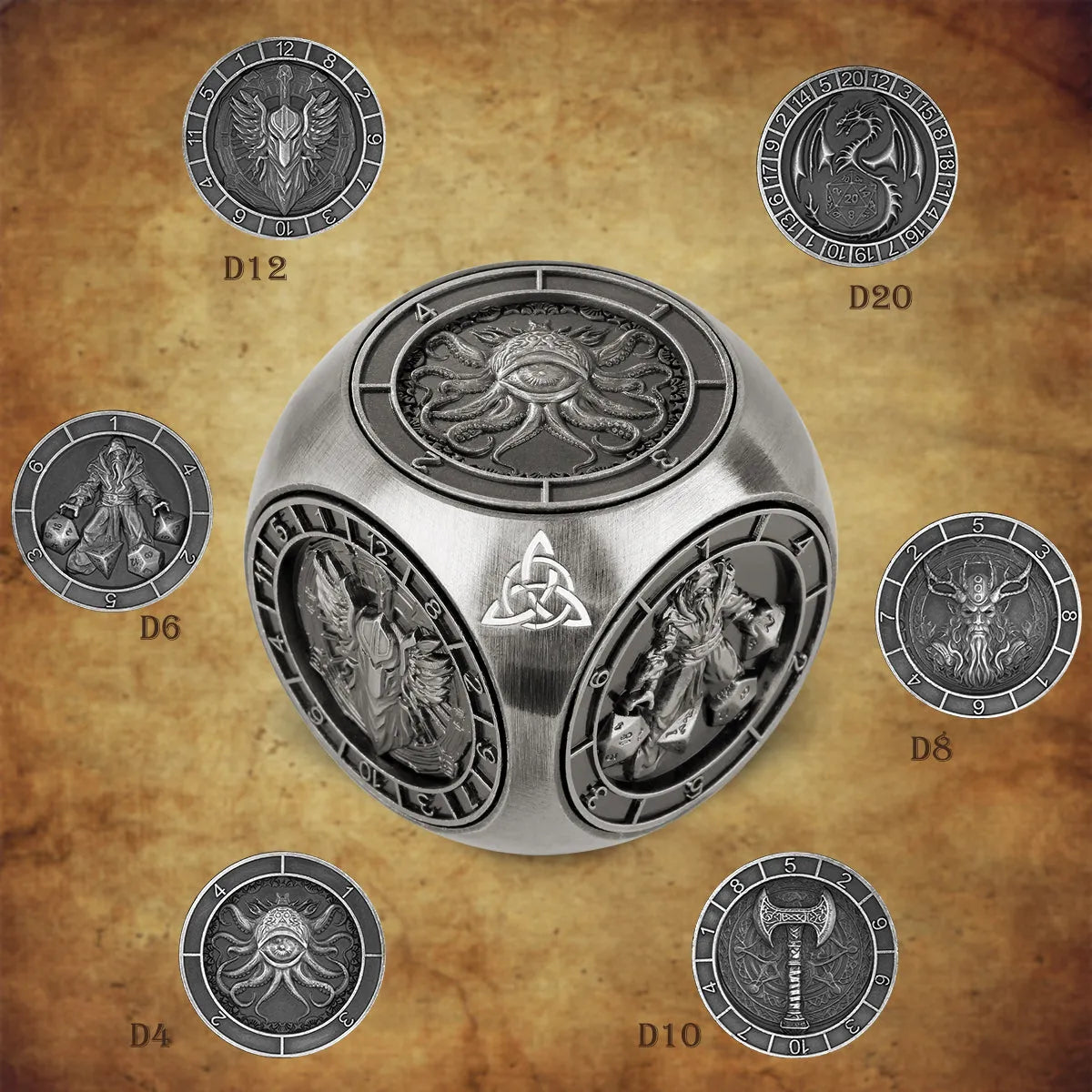 6-pack retro metal dice wheel gift box set in bronze, dark silver, and black zinc alloy with compact 3.5 cm size