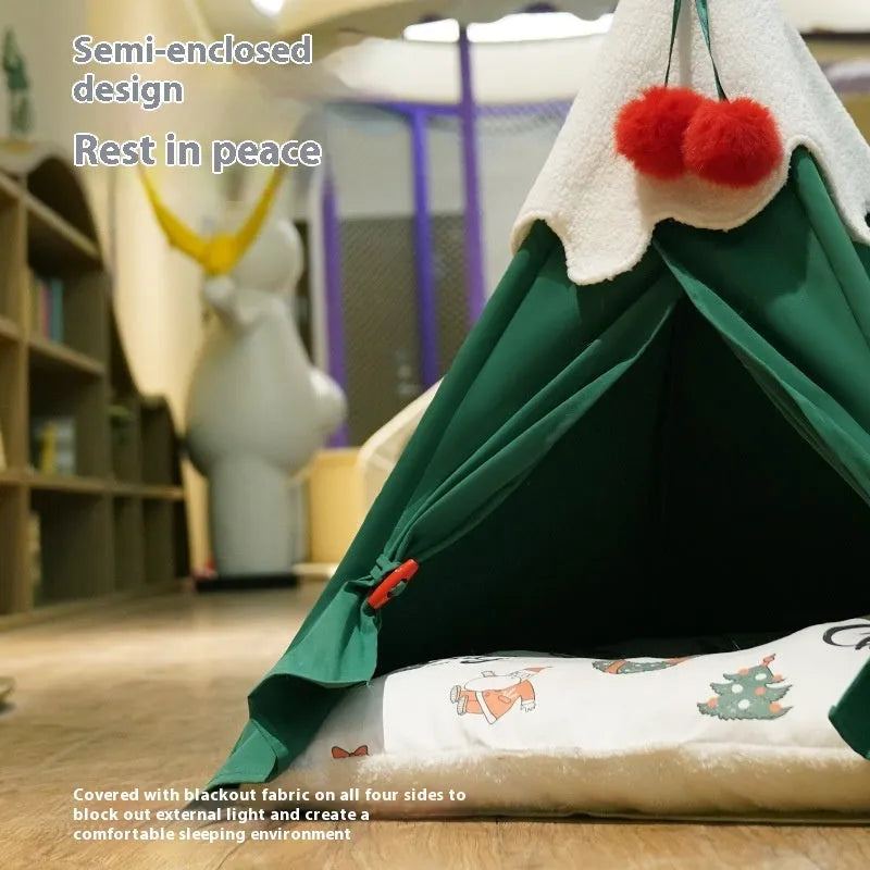 Brown semi-closed cloth cat house with a removable mat, shown next to a white colour option.