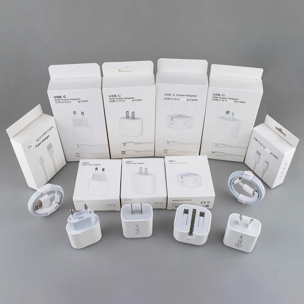 White 20W mobile PD charger with Type-C interface showing international plug compatibility