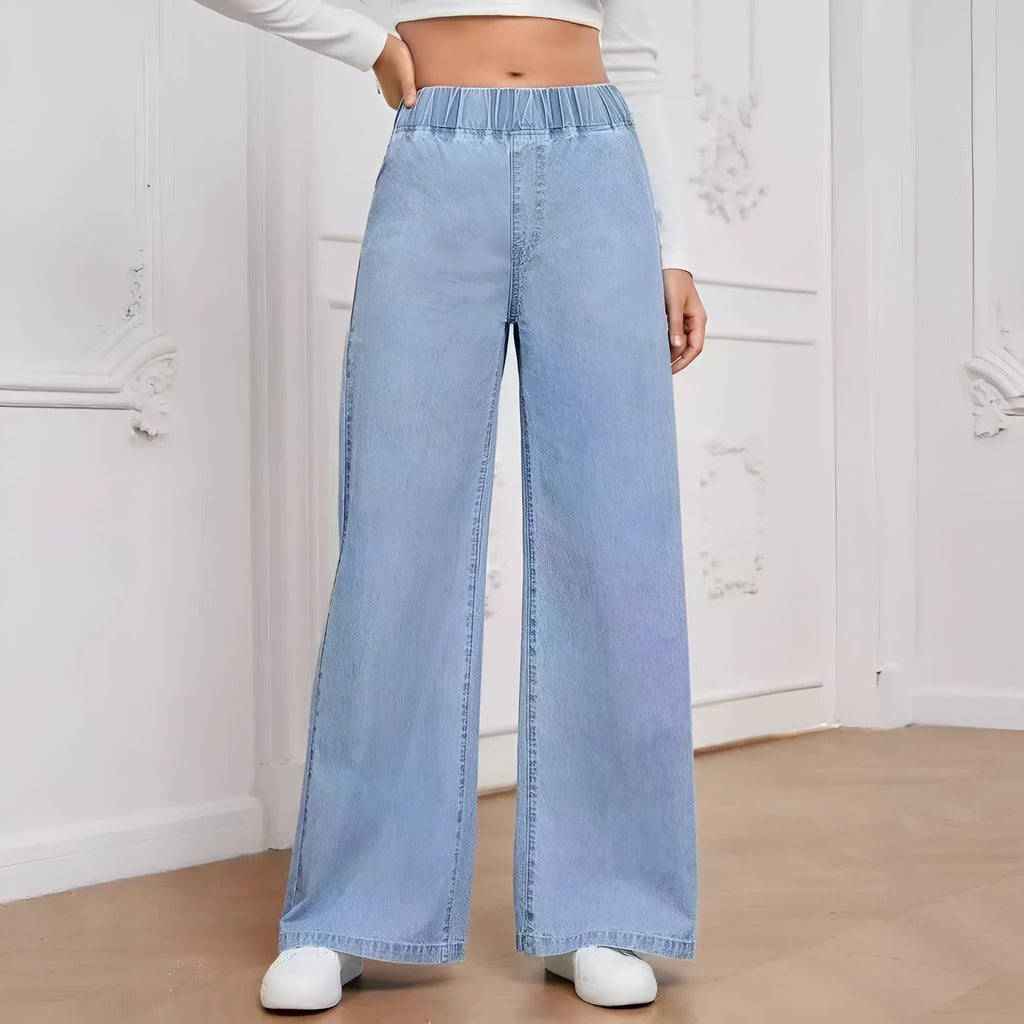 Light blue washed wide-leg denim trousers with straight cut and mid waist design