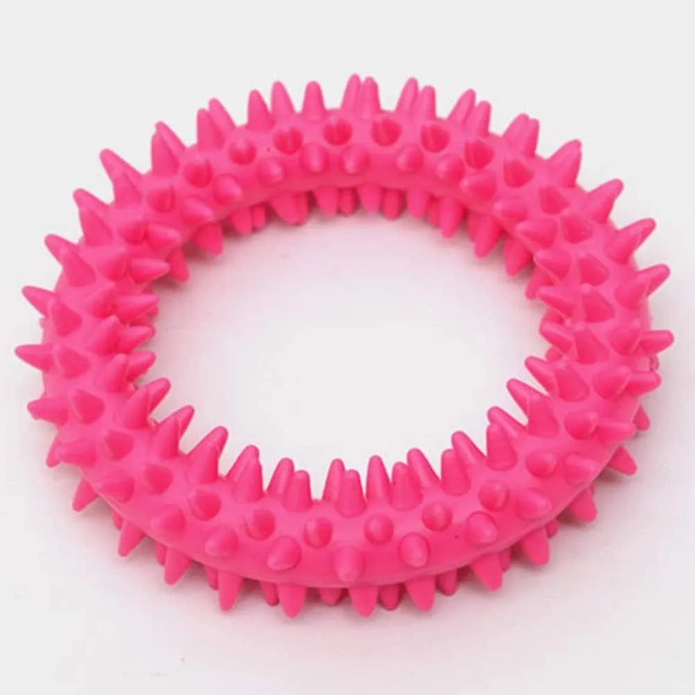 Blue TPR spiky circle ring dog chew toy for dental health and bite training.
