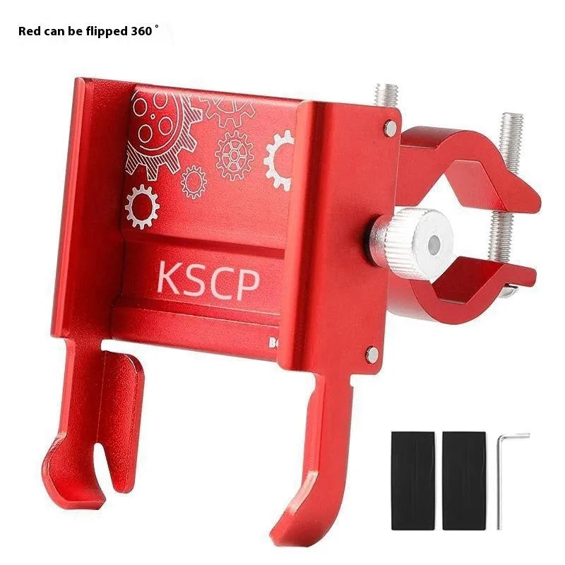 Aluminium alloy mobile phone holder mounted on a bicycle handlebar.