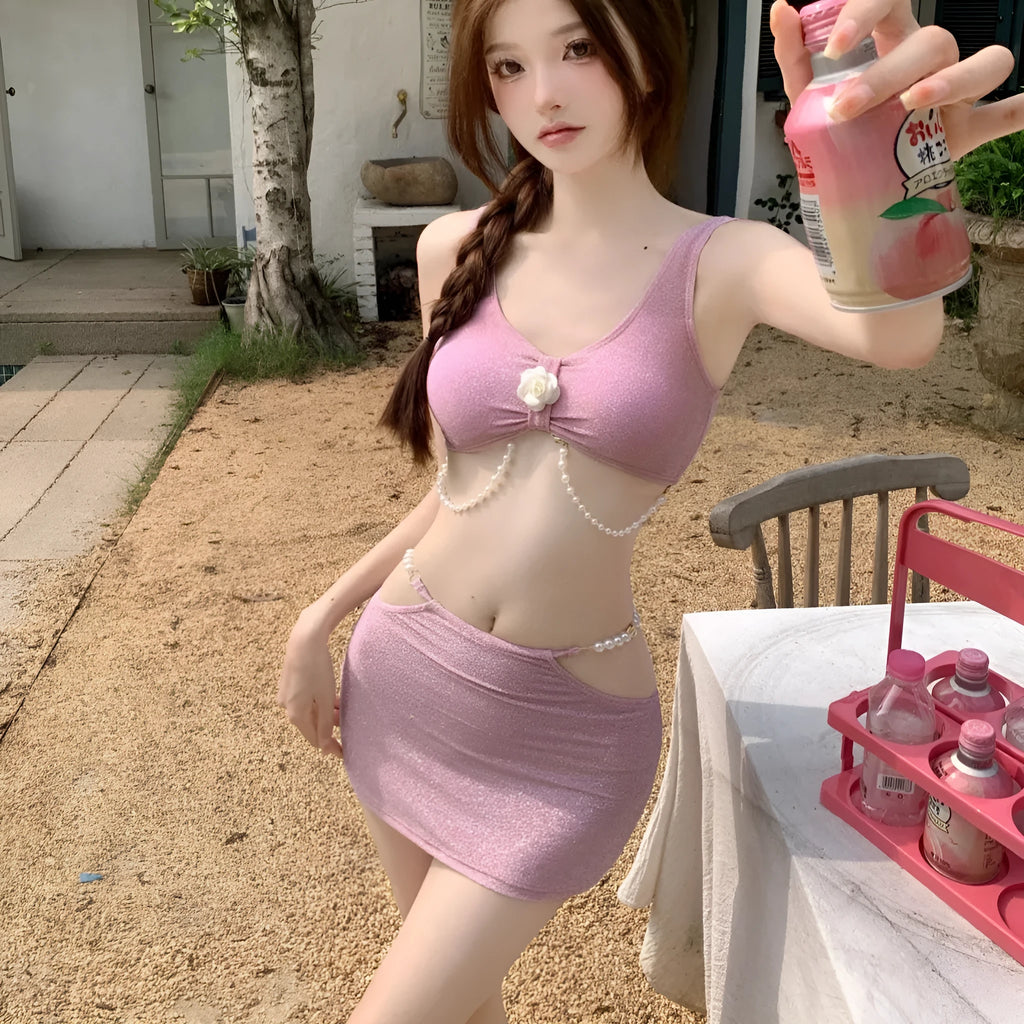 Women's pink and black three-piece polyester bikini set for swimming and hot springs