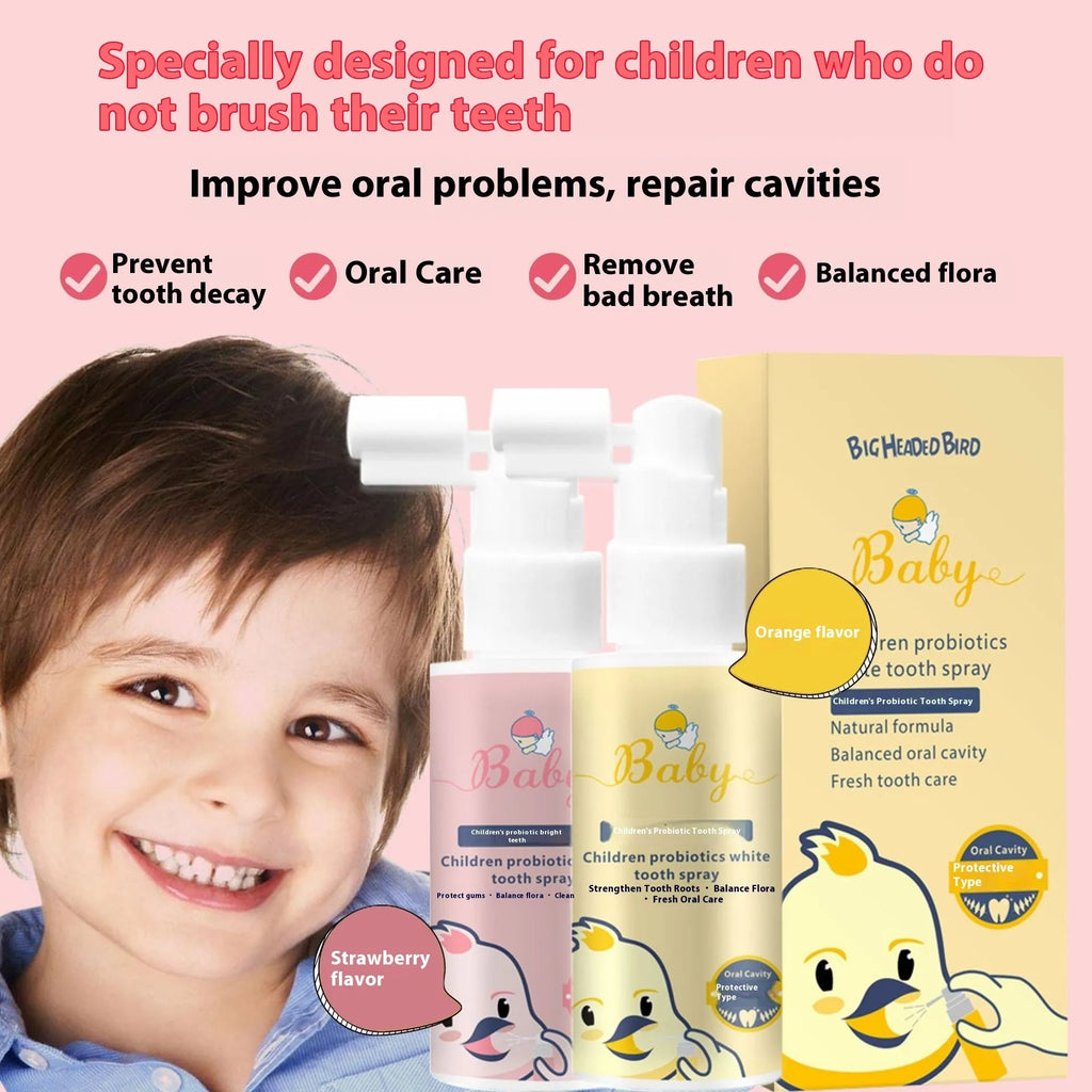 Children's probiotics anticavity oral spray bottle in strawberry and orange flavour options