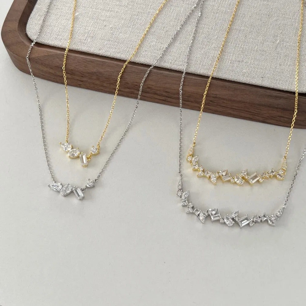 925 silver geometric zircon irregular necklace platinum finish on display with chain and pendant detail