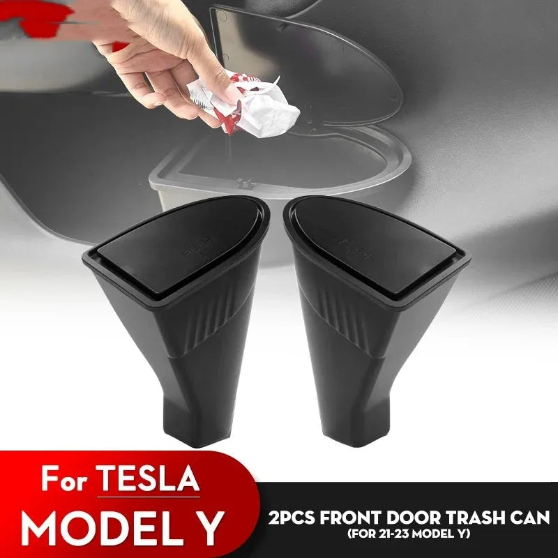 Two black ABS plastic car door trash cans for Tesla Model Y front doors
