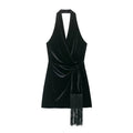 Women's hooded fringe-trimmed short dress in black mercerised cotton knit with pleated detail