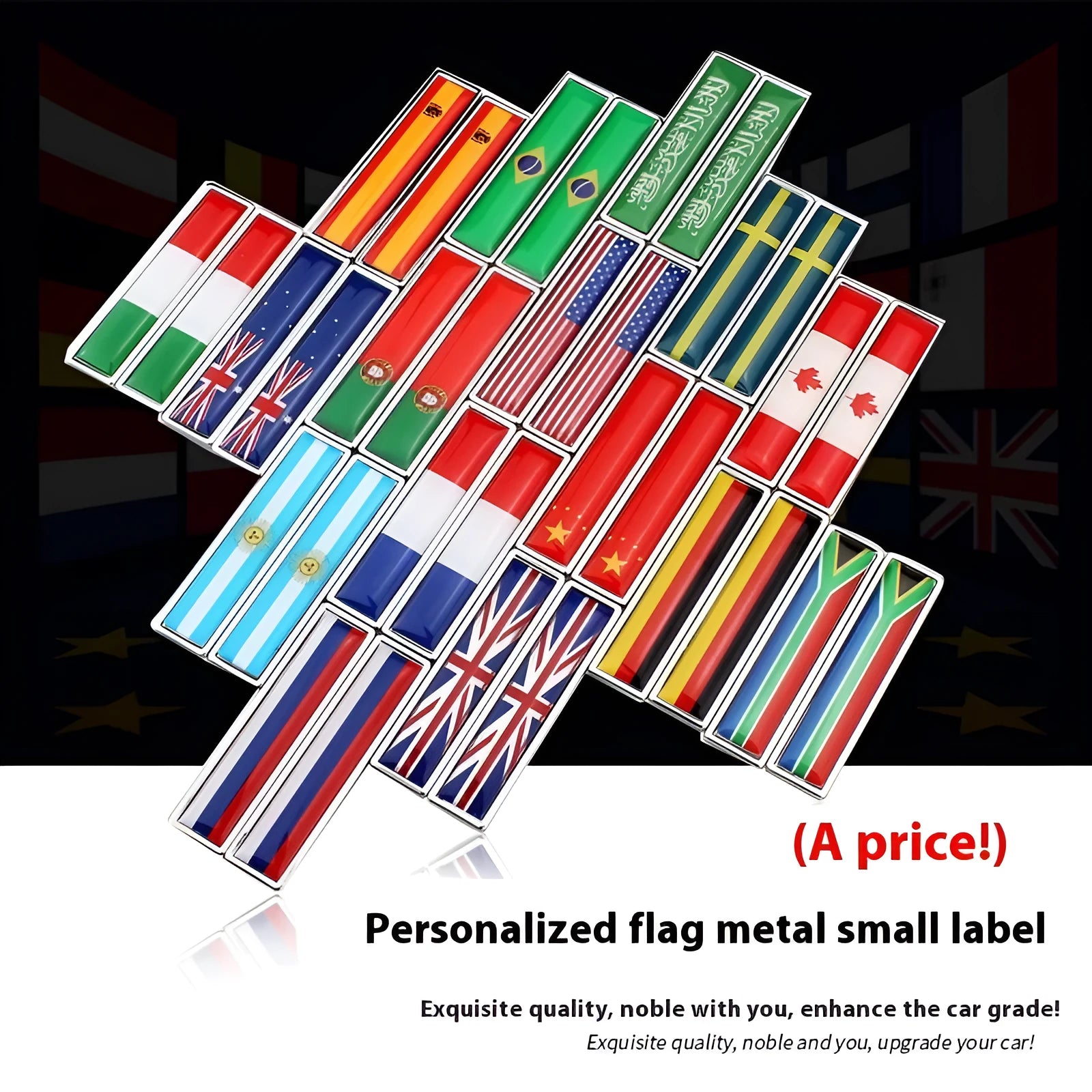 Zinc alloy car flag metal labels showing UK and USA designs at 58x14mm size