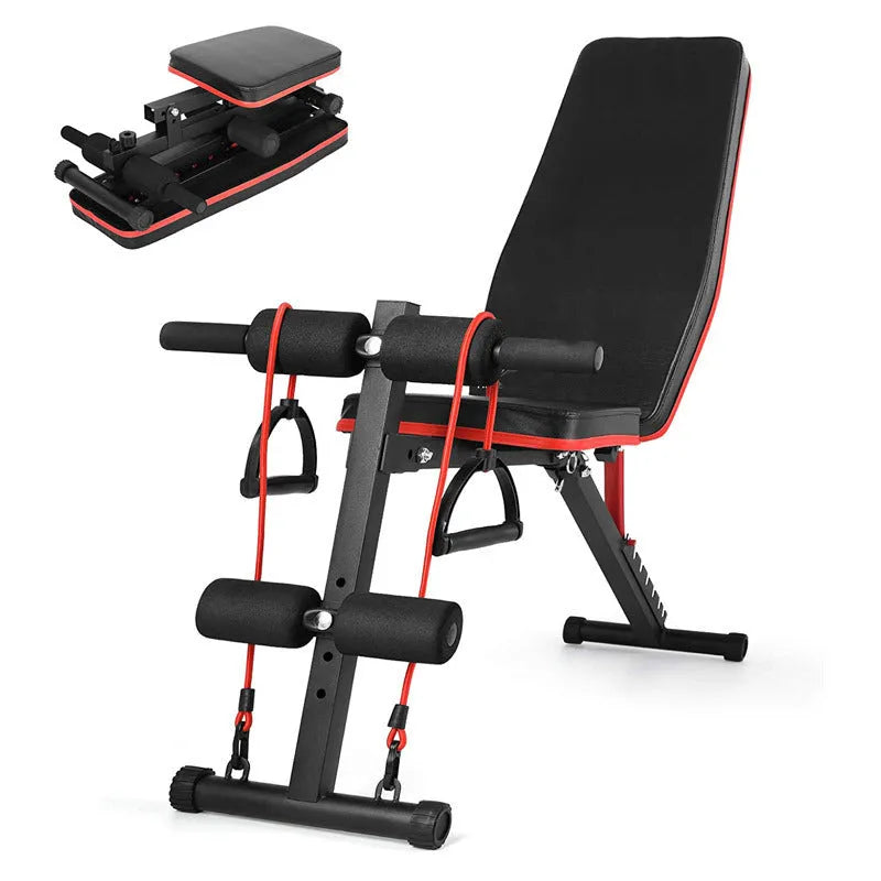 Home multi-function foldable incline fitness bench with metal frame and pull rope on plain background